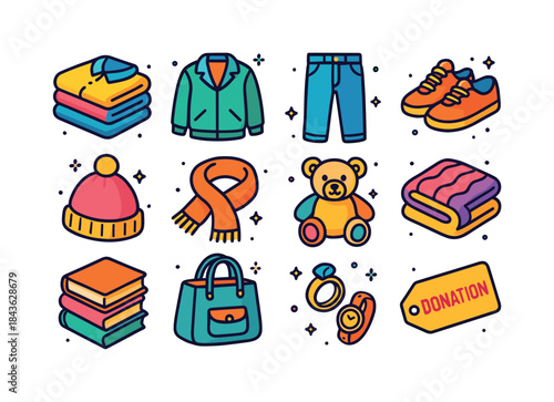 Colorful Donation Icons. Donated Items. Colorful isometric vecto