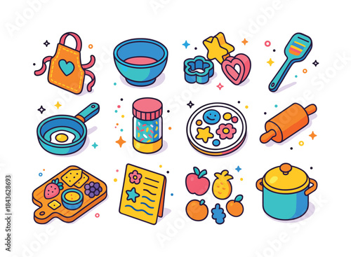 Home Cooking Icons. Home cooking fun. Colorful isometric vector