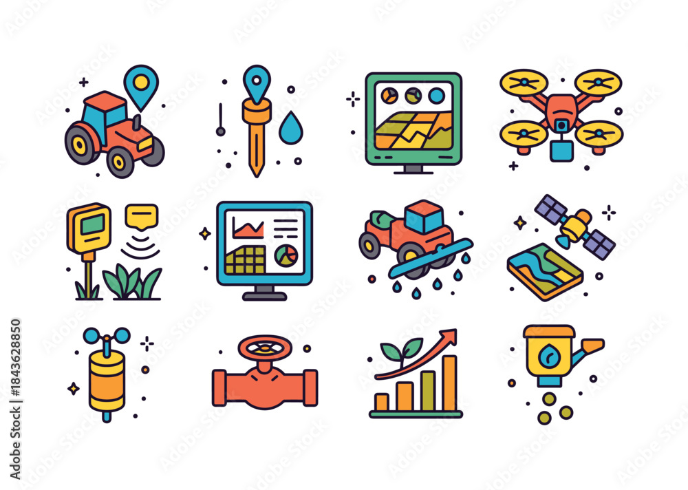 Fototapeta premium Precision Agriculture Icons. Precision Agriculture. Colorful iso