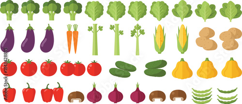 Colorful flat vegetable set with fresh broccoli, carrots, tomatoes, cucumbers, peppers, corn, potatoes, onions, mushrooms, and leafy greens icons