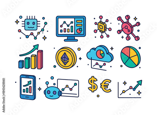 Isometric Investment Icons. Data-driven investment. Colorful iso