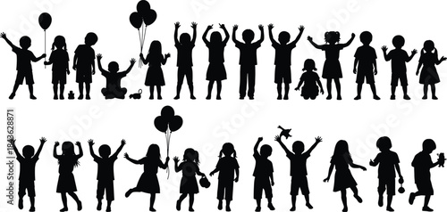 Children silhouette poses, playful activities, black kid icons, toy interaction, balloon holding, white background, childhood joy, gesture reference, posture chart