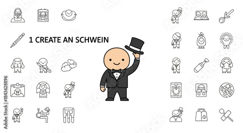 Cartoon character in a tuxedo holding a top hat surrounded by various line art icons.