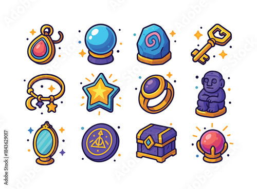 Arcane Artifacts Icons. Arcane artifacts. Colorful isometric vec