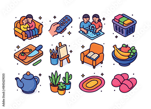 Cozy Home Icons. Together at home. Colorful isometric vector ico