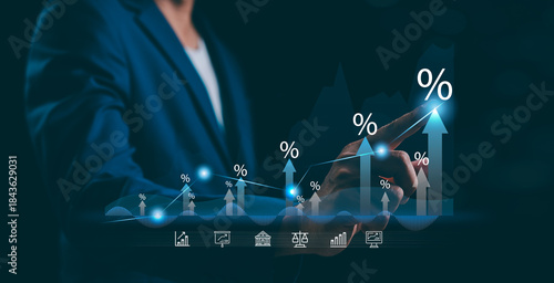 Businessman showing percentage graph, rate increases, Mortgage interest rate growth. Retirement, compensation fund, investment, dividend tax, stock market. representing business growth.