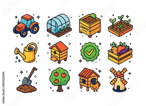 Organic Farming Icons. Organic farming. Colorful isometric vecto