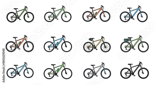 Collection of various mountain bikes in different colors and styles.