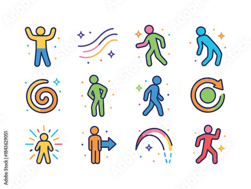 Colorful Movement Icons. Expressive movement. Colorful isometric