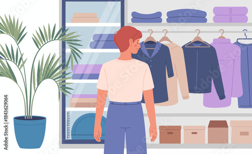 This artwork portrays a person contemplating their clothes in a minimalist wardrobe, representing organization, lifestyle choices, and the beauty of simplicity in modern living.