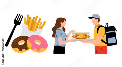 A vibrant image showcasing a young woman receiving a pizza from a delivery person, with enticing donuts and fries, representing the joy of food and sharing moments.