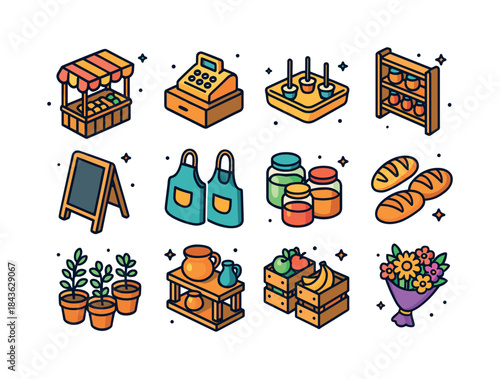 Vibrant Vendor Icons. Local Vendors. Colorful isometric vector i