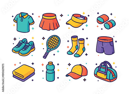 Tennis Gear Icons. Tennis outfit. Colorful isometric vector icon