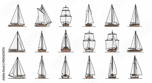 Collection of various sailboat sketches, showcasing different angles and designs of sailing vessels.