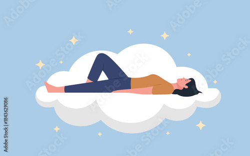A peaceful illustration shows a woman reclining on a fluffy cloud against a light blue sky, radiating feelings of relaxation and serenity amidst dreamy surroundings.