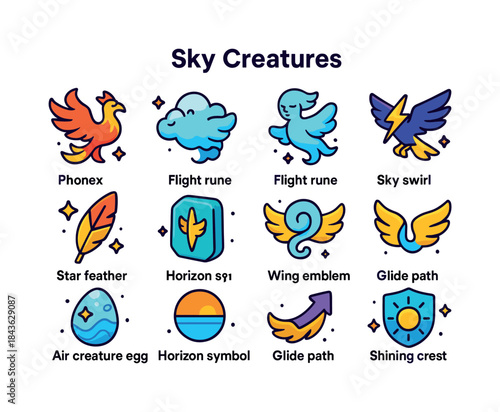 Sky Creature Icons. Sky Creatures. Colorful isometric vector ico