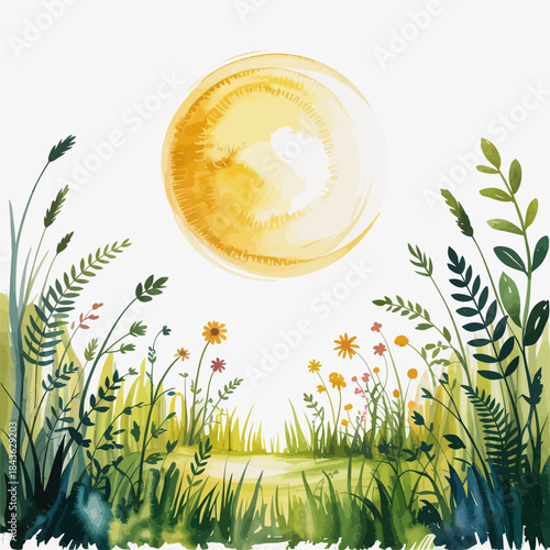 This peaceful landscape features a sunny meadow filled with wildflowers and greenery, representing nature's beauty and tranquility in a bright and cheerful atmosphere.