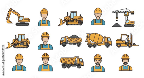 Construction site vehicles and workers set.
