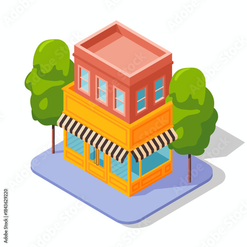 An enchanting, illustrated storefront of a small shop with a bright exterior and striped awning, representing the charm of local businesses and vibrant community life.