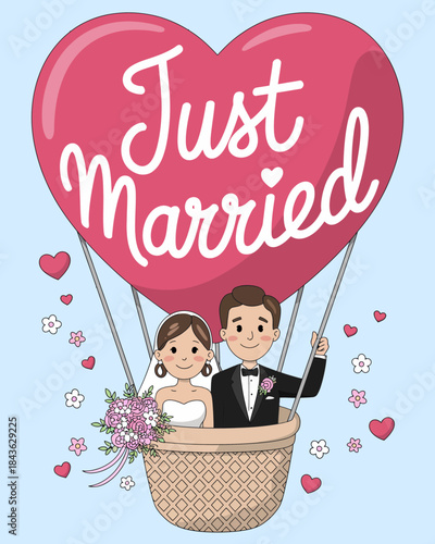 This whimsical illustration captures a joyful newlywed couple in a hot air balloon, celebrating their love with a festive atmosphere surrounded by hearts and flowers.