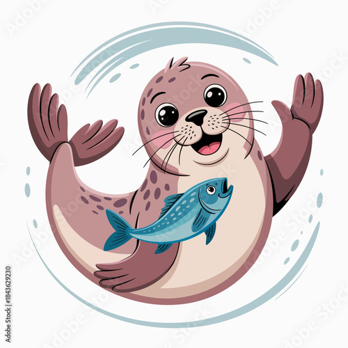 A delightful illustration of a smiling seal swimming joyfully with a fish in its mouth, embodying playfulness and the joyful spirit of marine life in a cartoon style.