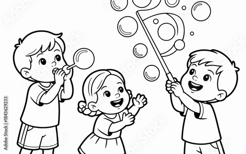 A delightful coloring page featuring children joyfully blowing and catching bubbles, celebrating the innocence of childhood and the beauty of playful moments together.