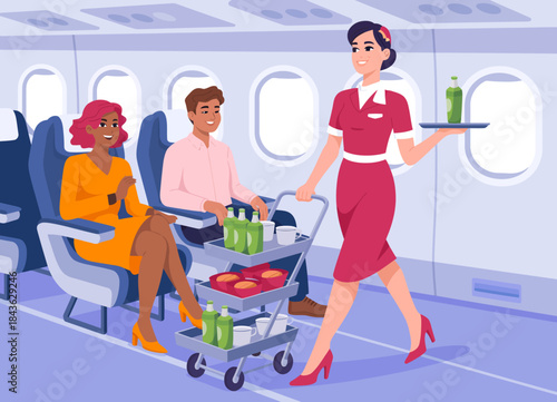 A friendly flight attendant serves drinks and meals to passengers on an airplane, highlighting the hospitality and service provided in the aviation industry during travel.