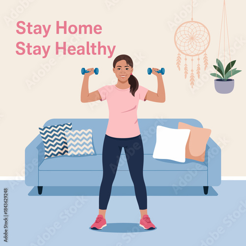 A determined woman lifting dumbbells at home, promoting health and fitness, encouraging an active lifestyle in a stylish and motivational environment.
