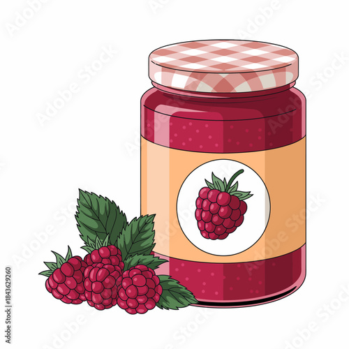 This scrumptious jar of raspberry jam, accompanied by fresh raspberries, showcases the vibrant colors and rich flavors that bring sweetness to your breakfast table or desserts.