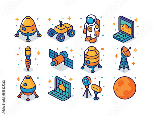 Planetary Exploration Icons. Planetary exploration. Colorful iso