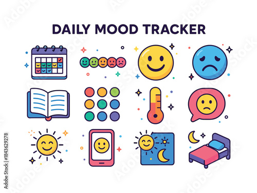 Colorful Mood Tracker Icons. Daily Mood Tracker. Colorful isomet