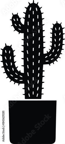 Simple black silhouette vector icon illustration of a Saguaro cactus with prickles in a square pot, representing desert plants, gardening, natural decor, and succulent botany concepts.