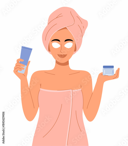 This illustration depicts a woman enjoying her skincare routine with a towel on her head, holding beauty products that highlight self-care and relaxation techniques.
