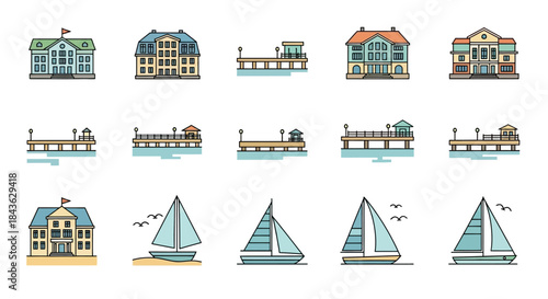 Set of buildings, piers, and sailboats.