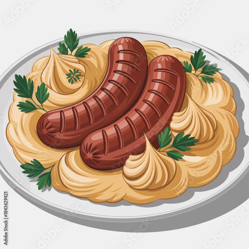 This mouthwatering image features two juicy sausages served over a bed of creamy mashed potatoes, garnished with parsley, highlighting a perfect comfort food presentation.