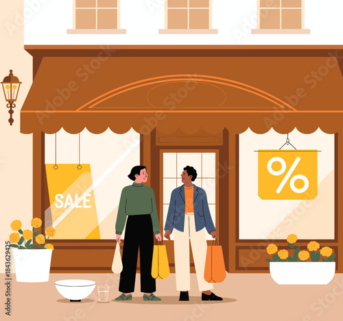 Two friends happily walking out of a shop with their shopping bags, showcasing camaraderie and the joy of spending time together while enjoying a day out at the local store.