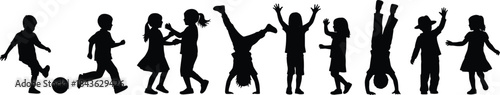 Children, silhouette, play, activity, movement, joy, dynamic, kick, run, dance, handstand, interaction, black, white, fun, energy, posture, sport, childhood, illustration