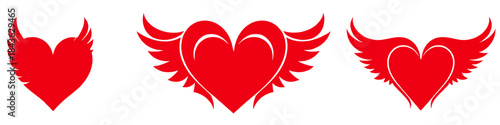 Winged Hearts' Flutter: A collection of stylized red hearts each adorned with delicate wings, symbolizing love, freedom, and emotional expression.