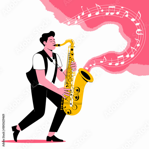 A lively illustration of a saxophonist playing passionately, with musical notes flowing around, capturing the essence of rhythm, creativity, and the joy of music in a stylish representation.