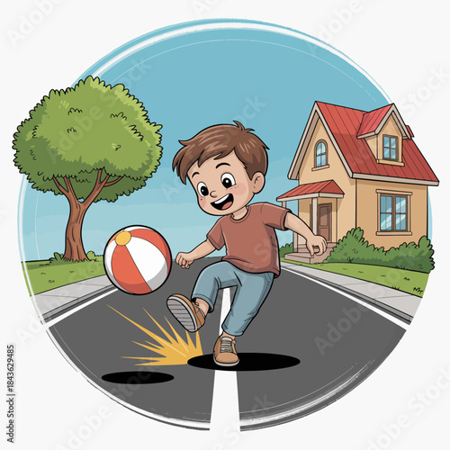 A cheerful young boy is joyfully playing with a colorful beach ball on the street, showcasing the charm of childhood and carefree outdoor activities in a neighborhood.