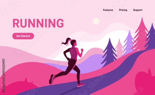 A dynamic silhouette of a runner in motion is set against a stylized landscape, symbolizing energy, freedom, and the exhilarating feeling of outdoor exercise.