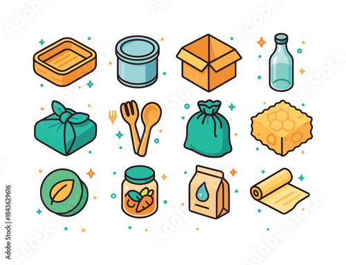 Plastic-Free Icon Set. Plastic-free solutions. Colorful isometri