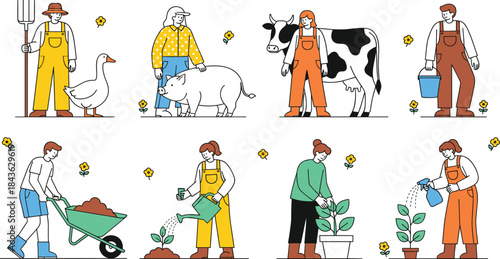 Farmers and gardeners working with animals and plants illustration set showing agriculture, livestock care, planting, and rural lifestyle activities