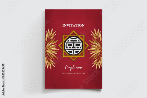 WEDDING INVITATION FRAME WITH FLOWER DECORATIONS AND FRESH LEAVES