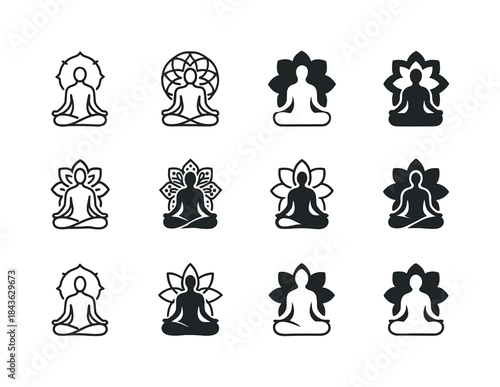 Meditation Icon Set. People meditating or practicing yoga. Icon