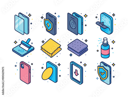 Screen Protection Icons. Screen protection. Colorful isometric v