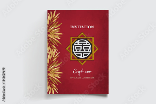 WEDDING INVITATION FRAME WITH FLOWER DECORATIONS AND FRESH LEAVES