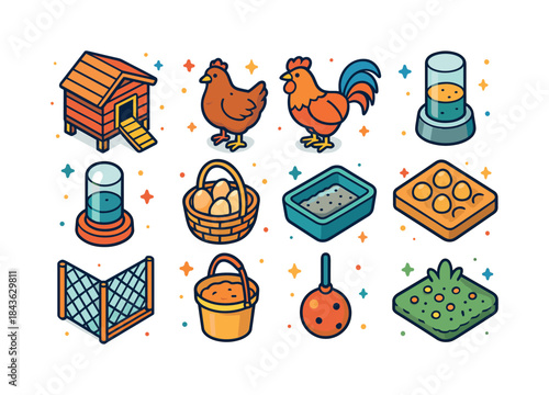Colorful Chicken Icons. Backyard Chickens. Colorful isometric ve