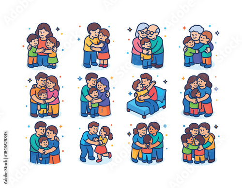 Colorful Family Hug Icons. Family hug. Colorful isometric vector