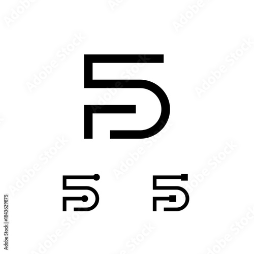 Technical number 5, digital numeral five, including set of three different cyber numbers, vector illustration 10EPS